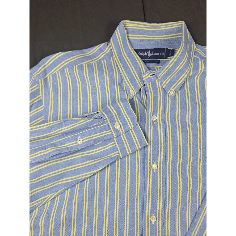 Vintage 90s Polo Ralph Lauren Mens Blue Yellow Stripes Button Flesh Pony 16.5-33